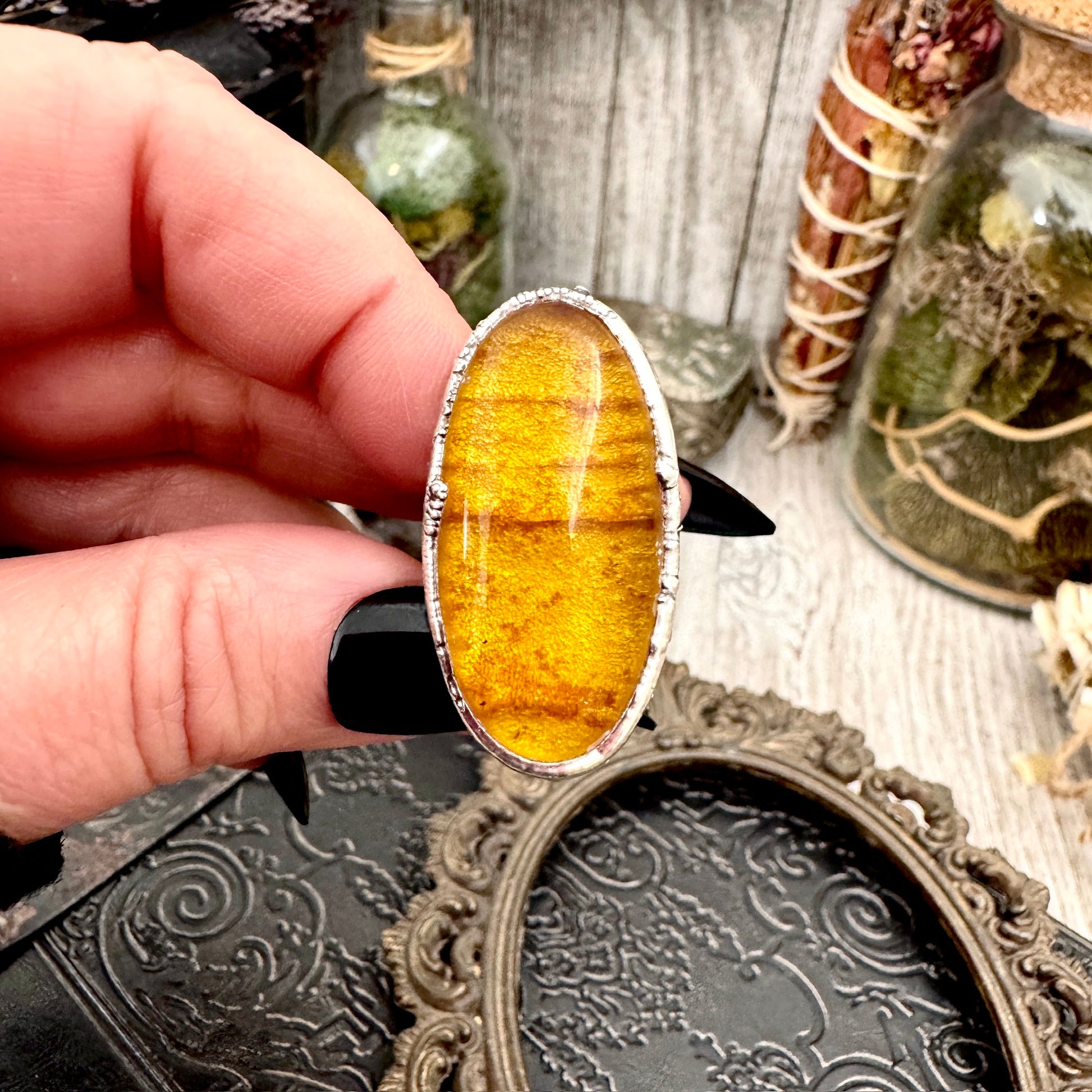 Baltic Amber Crystal Ring Fine Silver Size 7.5 / Foxlark Collection - One of a Kind FOXLARK