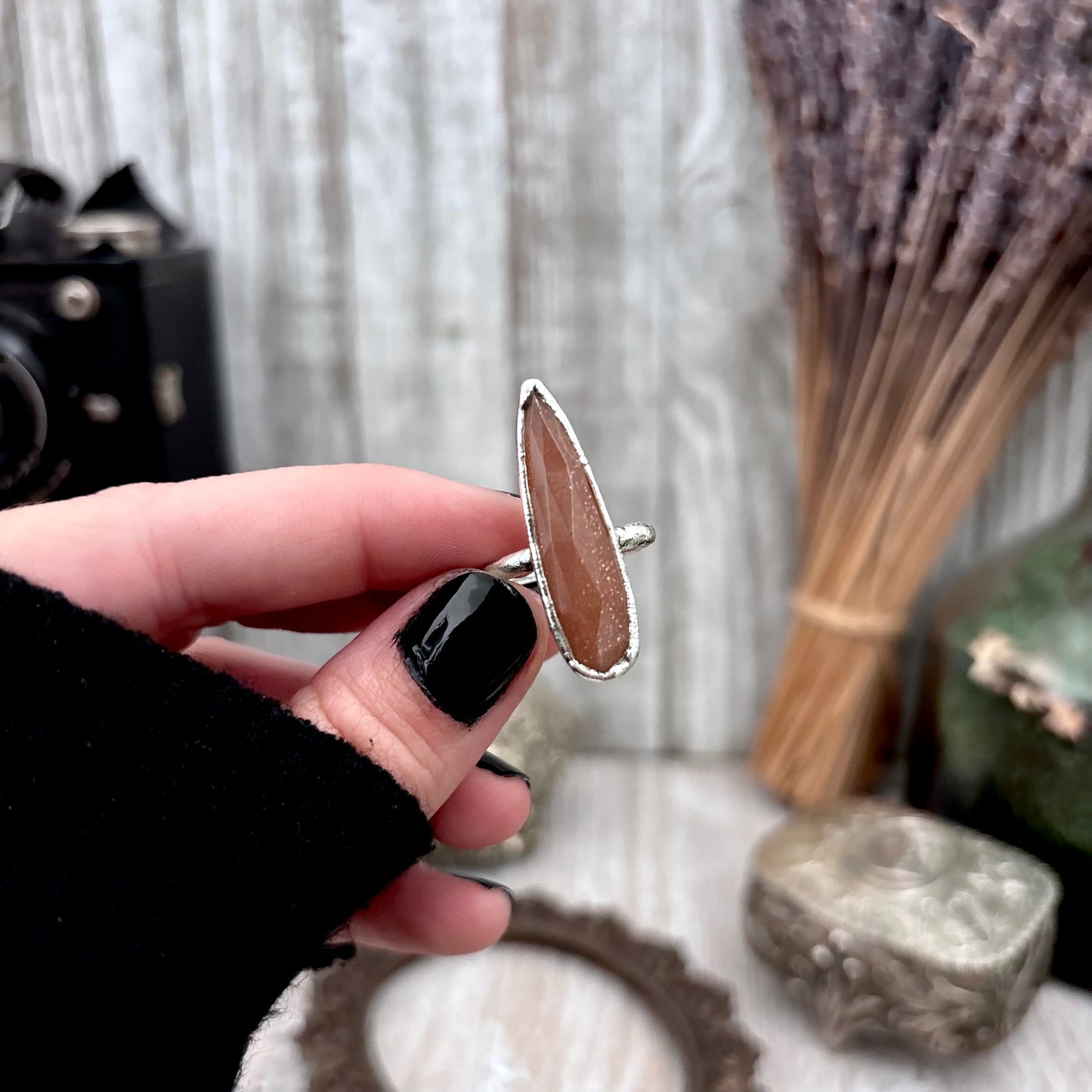 Peach Moonstone Ring Fine Silver Small faceted Stone Ring Size 5 6 7 8 9 10 11 / Foxlark Collection