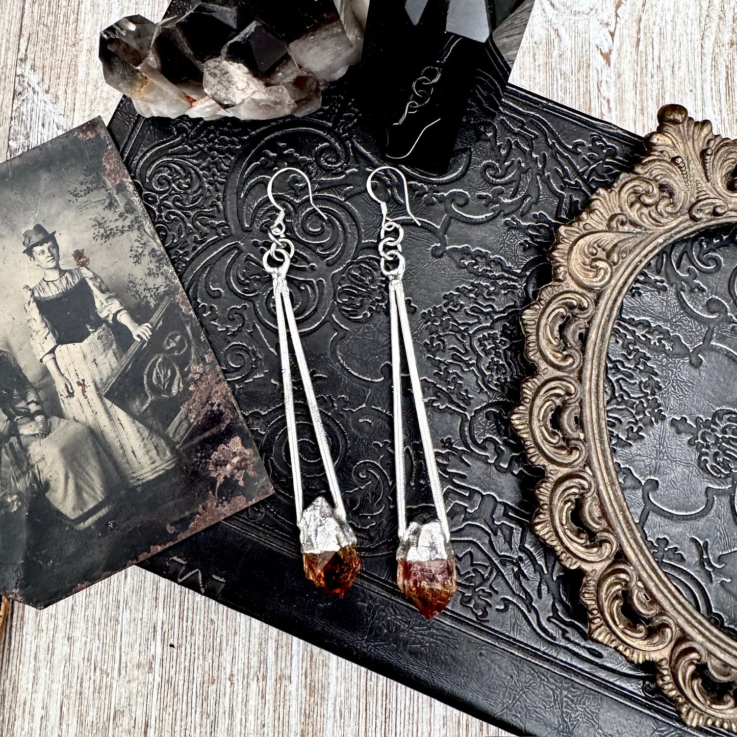 Raw Citrine Fine Silver Crystal Dangle Earrings / Long Dangle Witchy Earrings FOXLARK