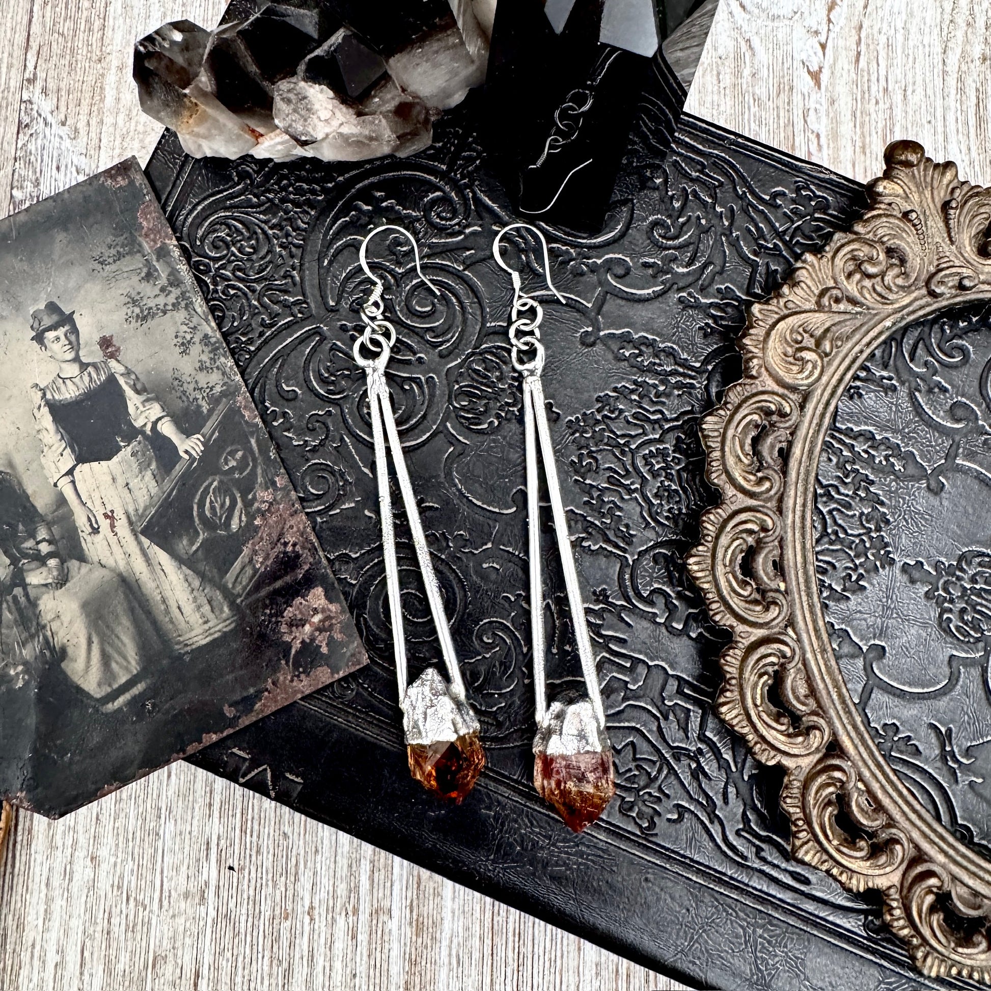 Raw Citrine Fine Silver Crystal Dangle Earrings / Long Dangle Witchy Earrings FOXLARK