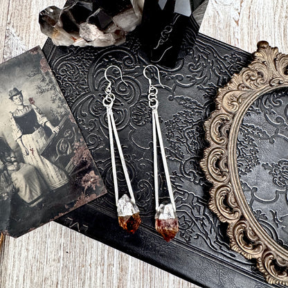 Raw Citrine Fine Silver Crystal Dangle Earrings / Long Dangle Witchy Earrings FOXLARK