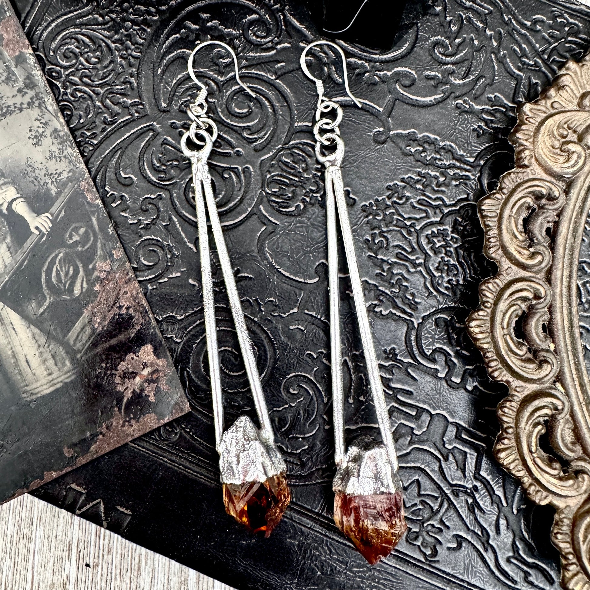 Raw Citrine Fine Silver Crystal Dangle Earrings / Long Dangle Witchy Earrings FOXLARK