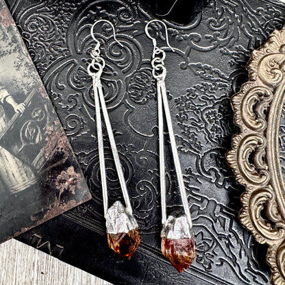 Raw Citrine Fine Silver Crystal Dangle Earrings / Long Dangle Witchy Earrings FOXLARK