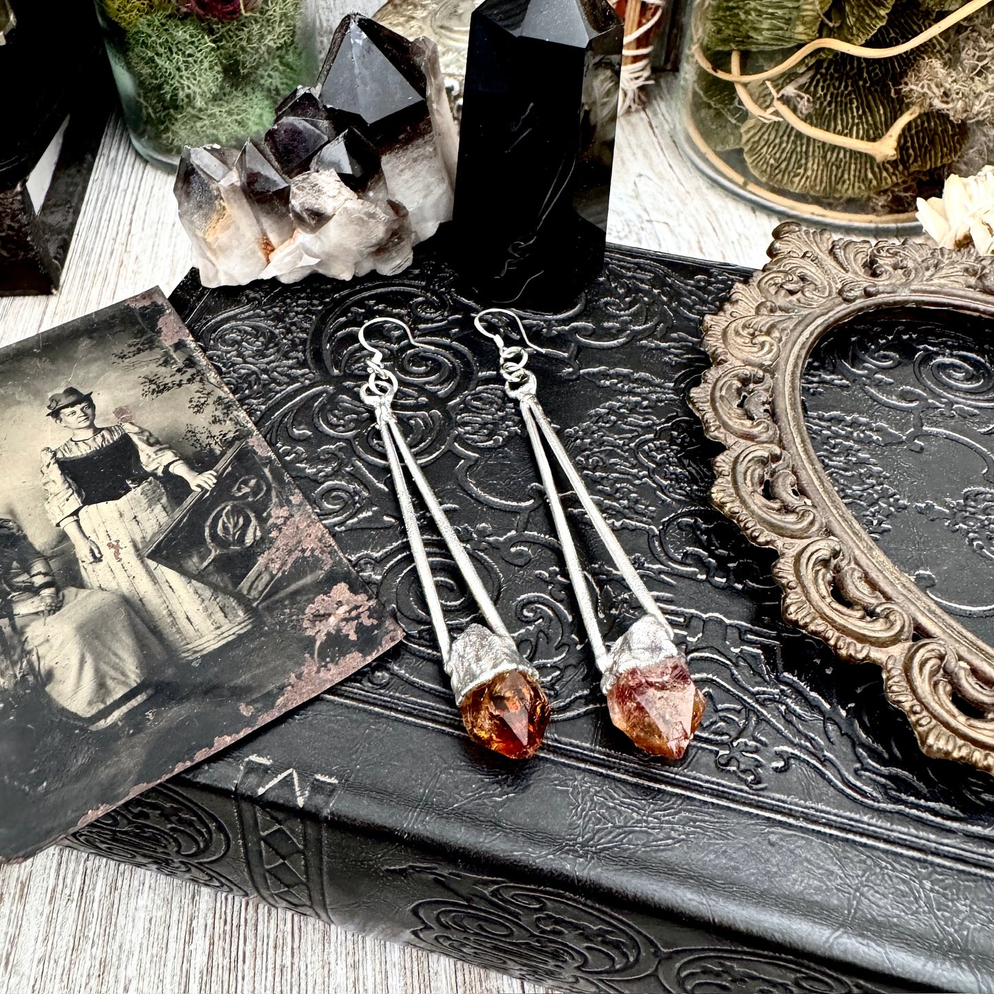 Raw Citrine Fine Silver Crystal Dangle Earrings / Long Dangle Witchy Earrings FOXLARK