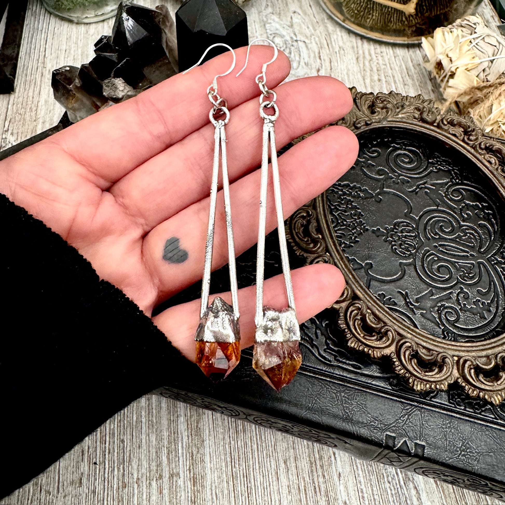 Raw Citrine Fine Silver Crystal Dangle Earrings / Long Dangle Witchy Earrings FOXLARK