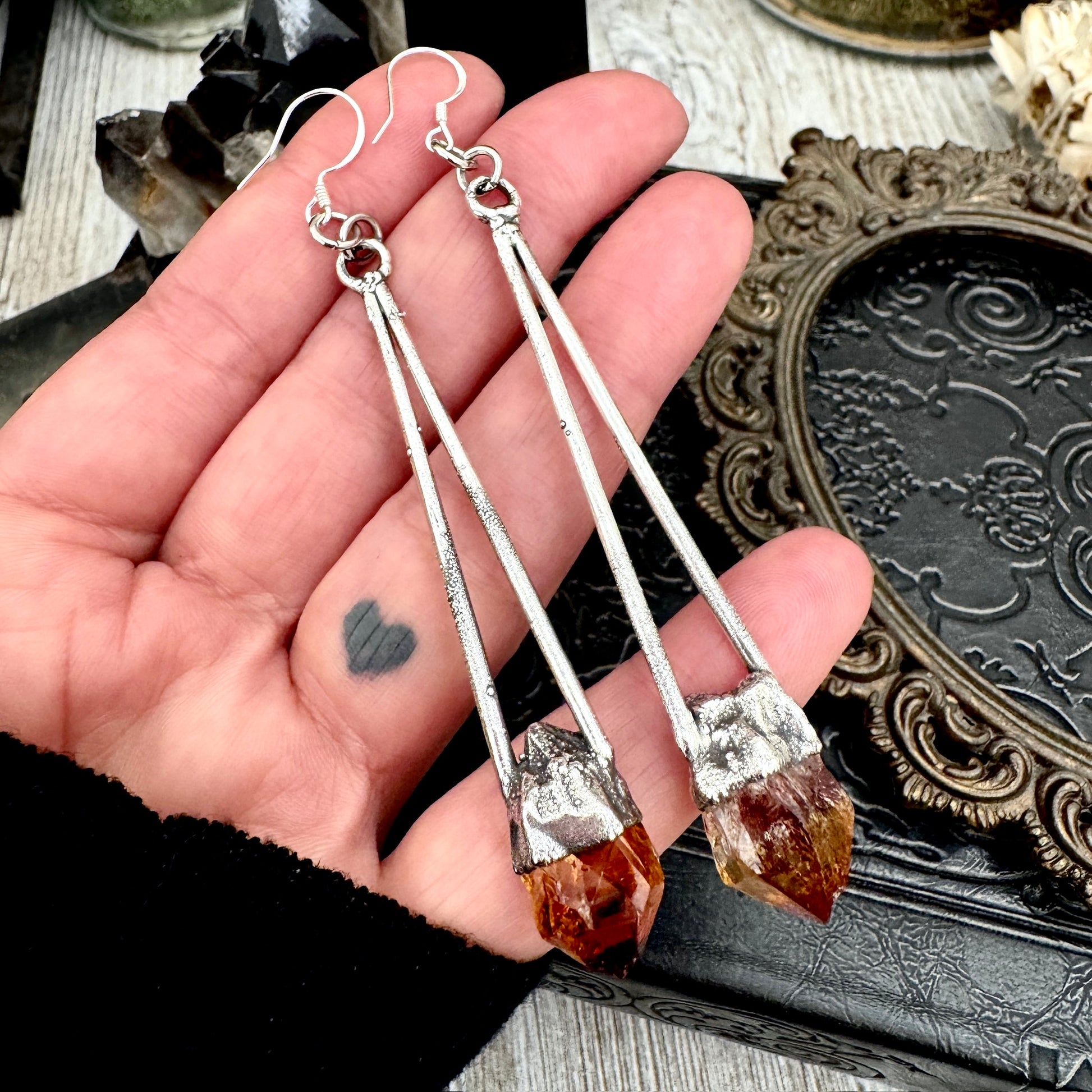 Raw Citrine Fine Silver Crystal Dangle Earrings / Long Dangle Witchy Earrings FOXLARK