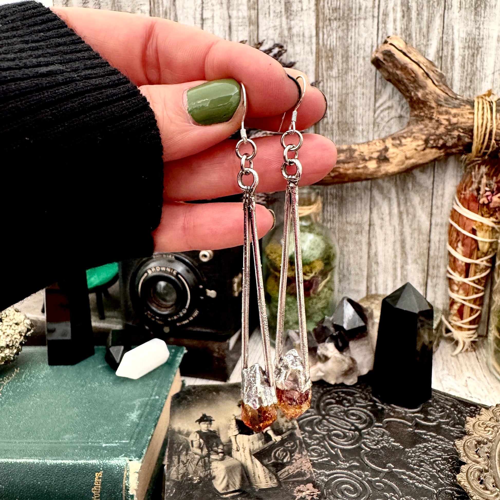 Raw Citrine Fine Silver Crystal Dangle Earrings / Long Dangle Witchy Earrings FOXLARK