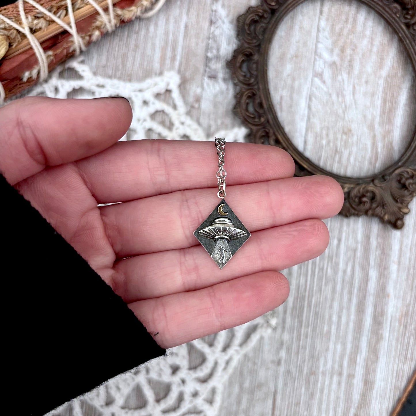 Tiny Talisman Collection - Sterling Silver UFO Abduction Necklace Pendant  /
