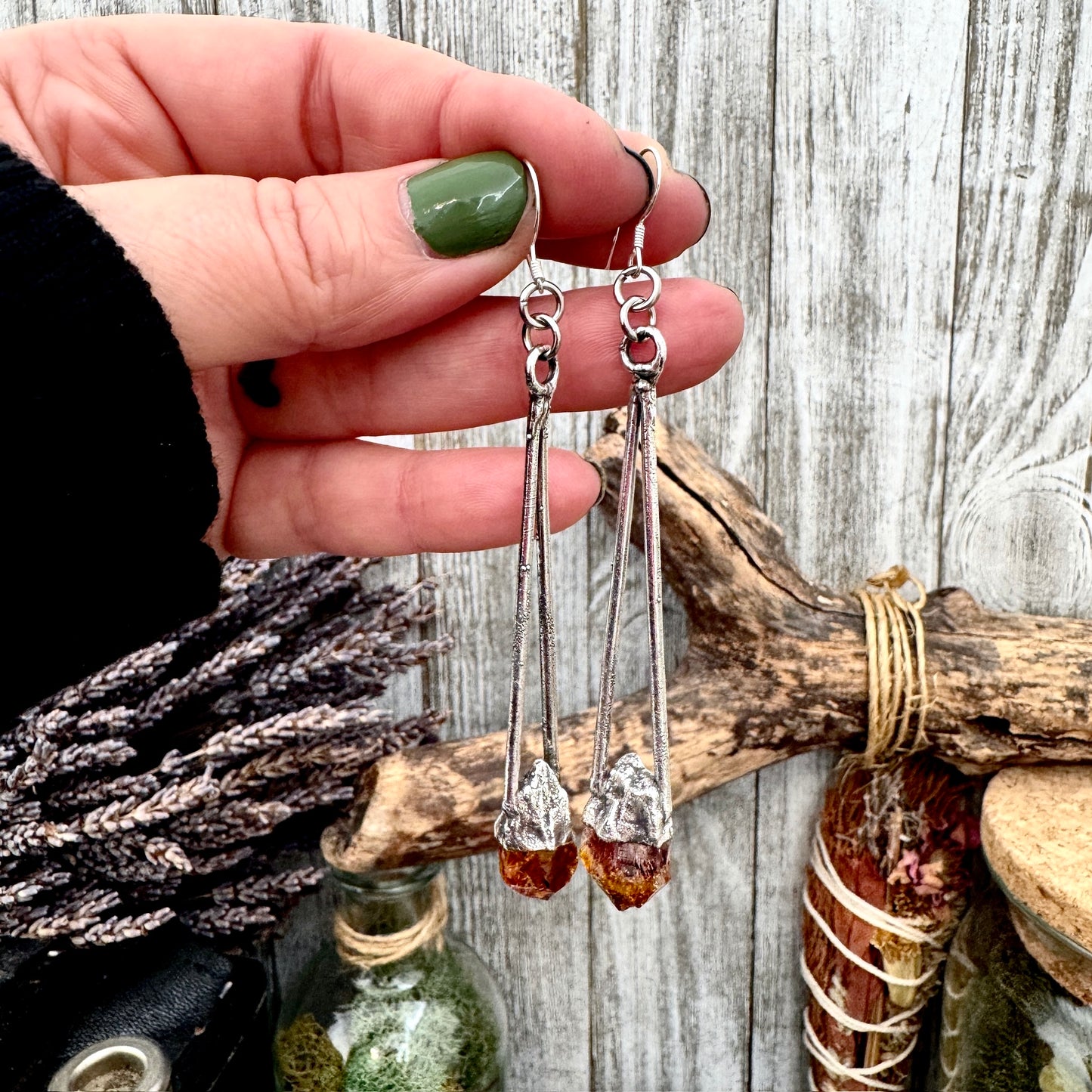 Raw Citrine Fine Silver Crystal Dangle Earrings / Long Dangle Witchy Earrings FOXLARK