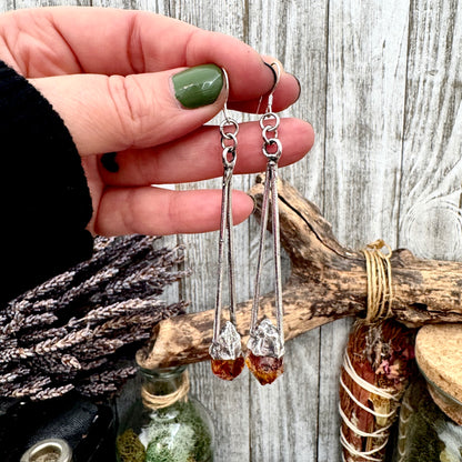 Raw Citrine Fine Silver Crystal Dangle Earrings / Long Dangle Witchy Earrings FOXLARK