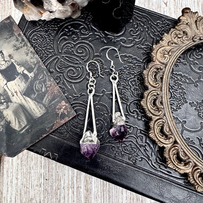 Raw Amethyst Fine Silver Crystal Dangle Earrings / Long Dangle Witchy Earrings FOXLARK