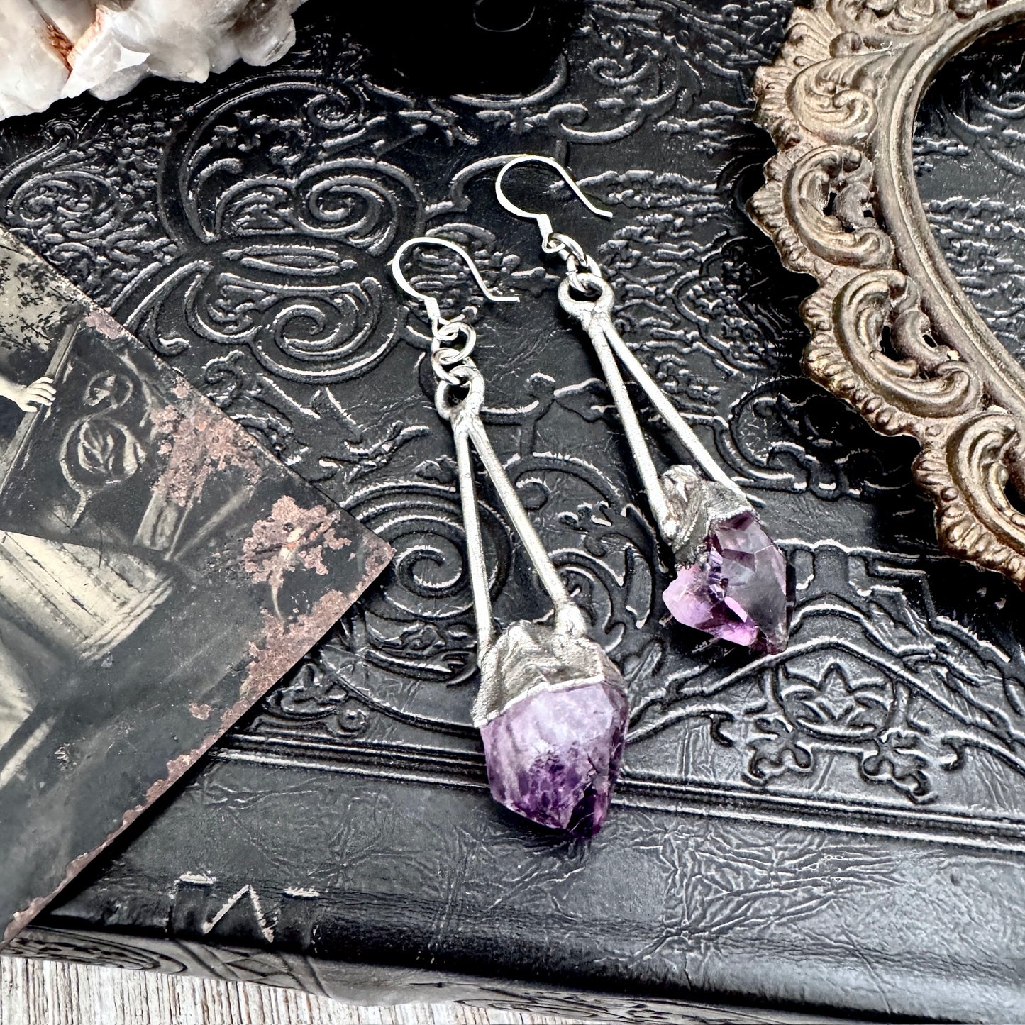 Raw Amethyst Fine Silver Crystal Dangle Earrings / Long Dangle Witchy Earrings FOXLARK