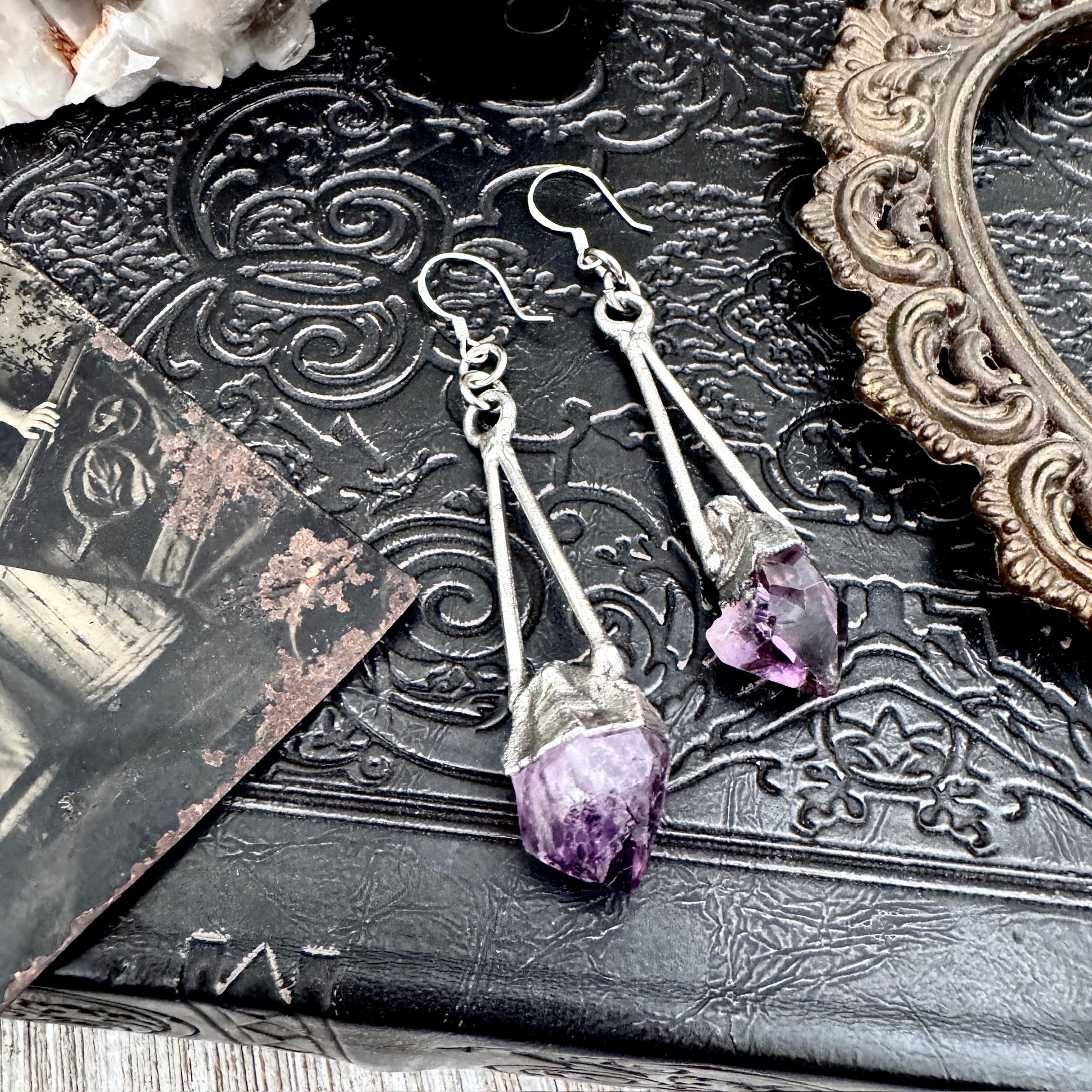 Raw Amethyst Fine Silver Crystal Dangle Earrings / Long Dangle Witchy Earrings FOXLARK