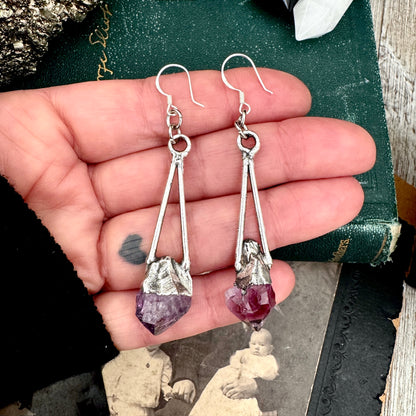 Raw Amethyst Fine Silver Crystal Dangle Earrings / Long Dangle Witchy Earrings FOXLARK