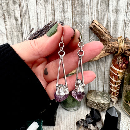Raw Amethyst Fine Silver Crystal Dangle Earrings / Long Dangle Witchy Earrings FOXLARK