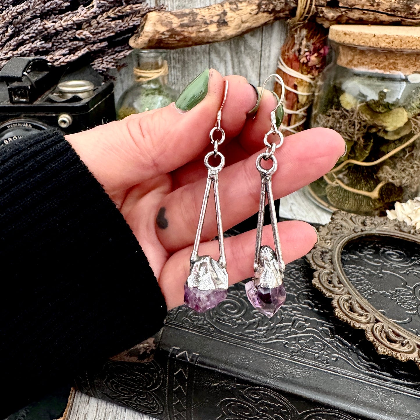 Raw Amethyst Fine Silver Crystal Dangle Earrings / Long Dangle Witchy Earrings FOXLARK