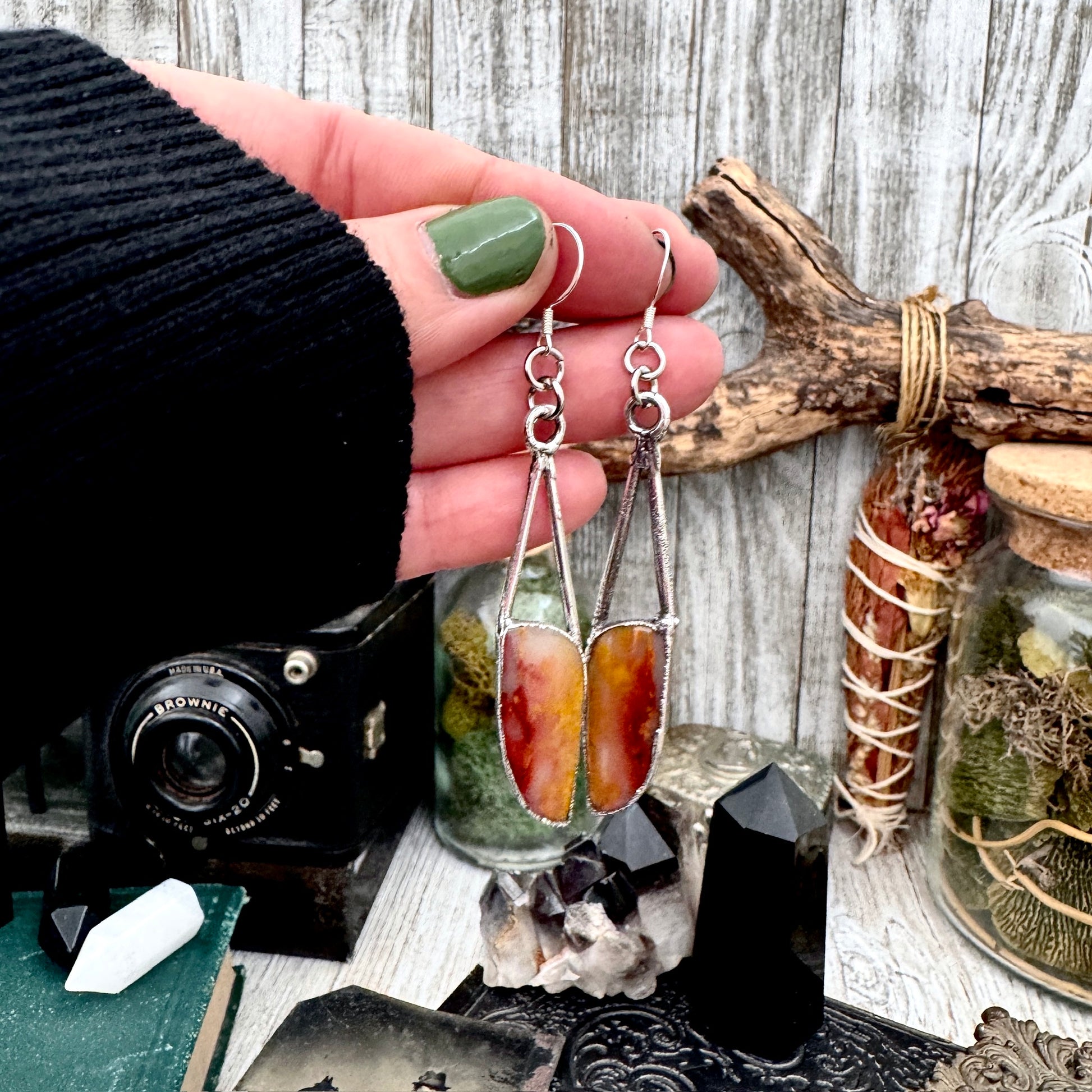 Jasper Fine Silver Crystal Dangle Earrings / Long Dangle Witchy Earrings FOXLARK