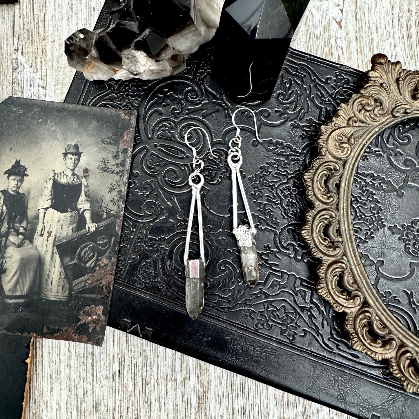 Raw Smoky Quartz Fine Silver Crystal Dangle Earrings / Long Dangle Witchy Earrings FOXLARK