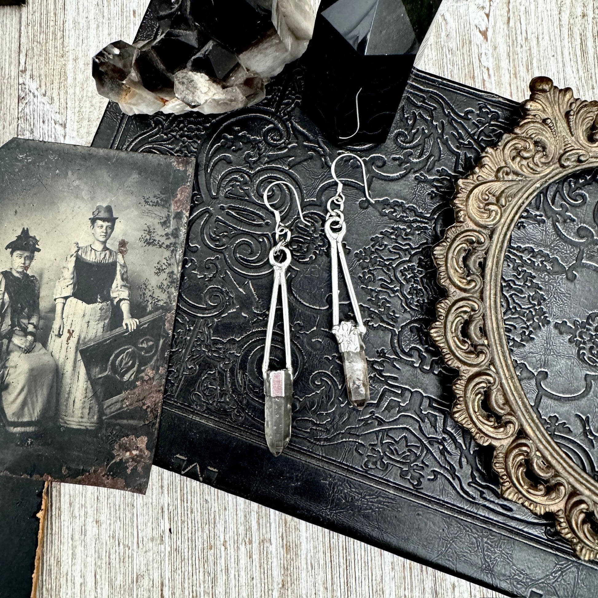 Raw Smoky Quartz Fine Silver Crystal Dangle Earrings / Long Dangle Witchy Earrings FOXLARK