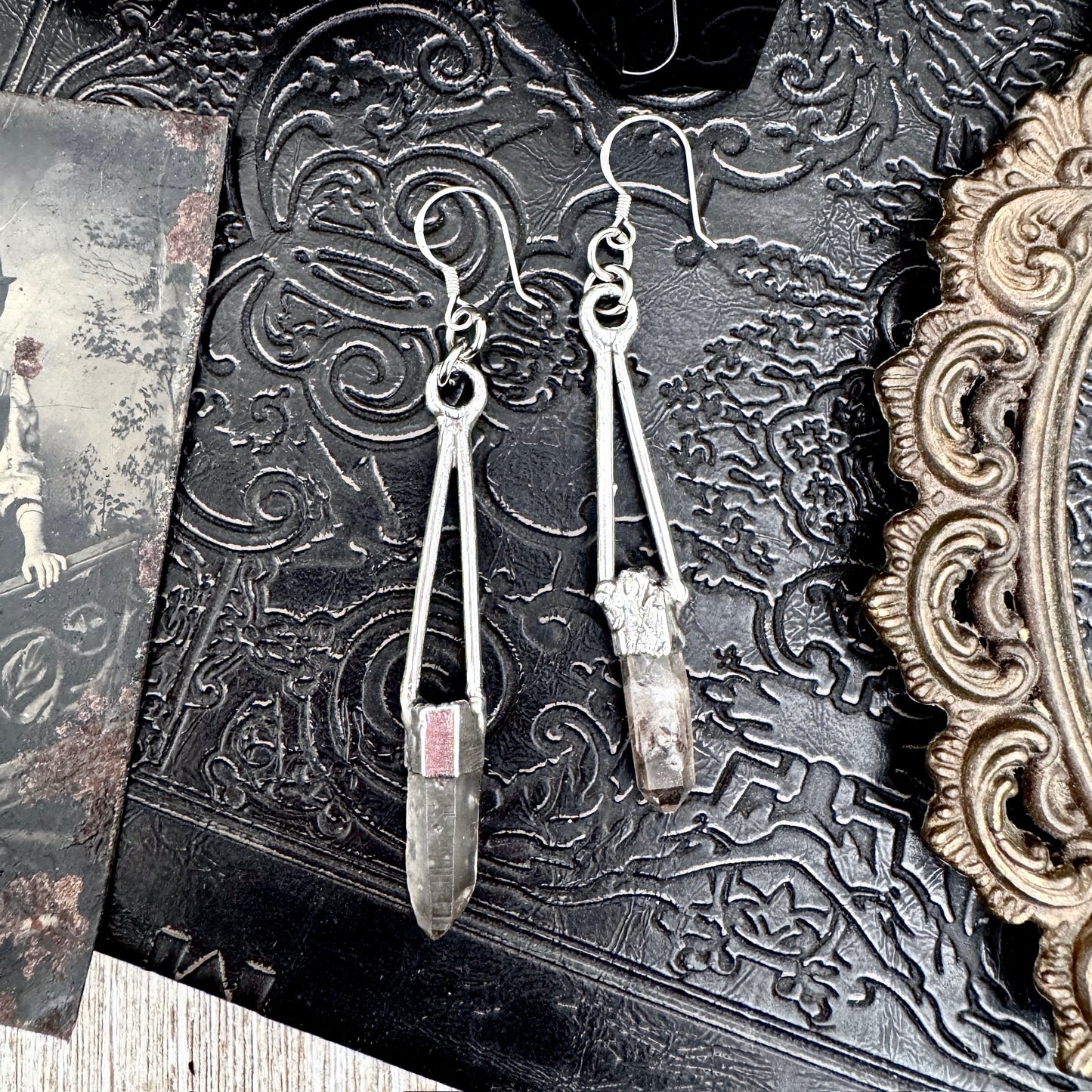 Raw Smoky Quartz Fine Silver Crystal Dangle Earrings / Long Dangle Witchy Earrings FOXLARK