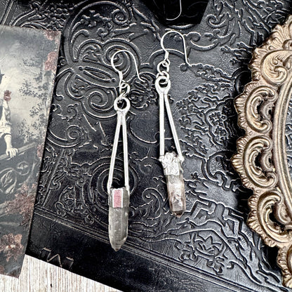 Raw Smoky Quartz Fine Silver Crystal Dangle Earrings / Long Dangle Witchy Earrings FOXLARK