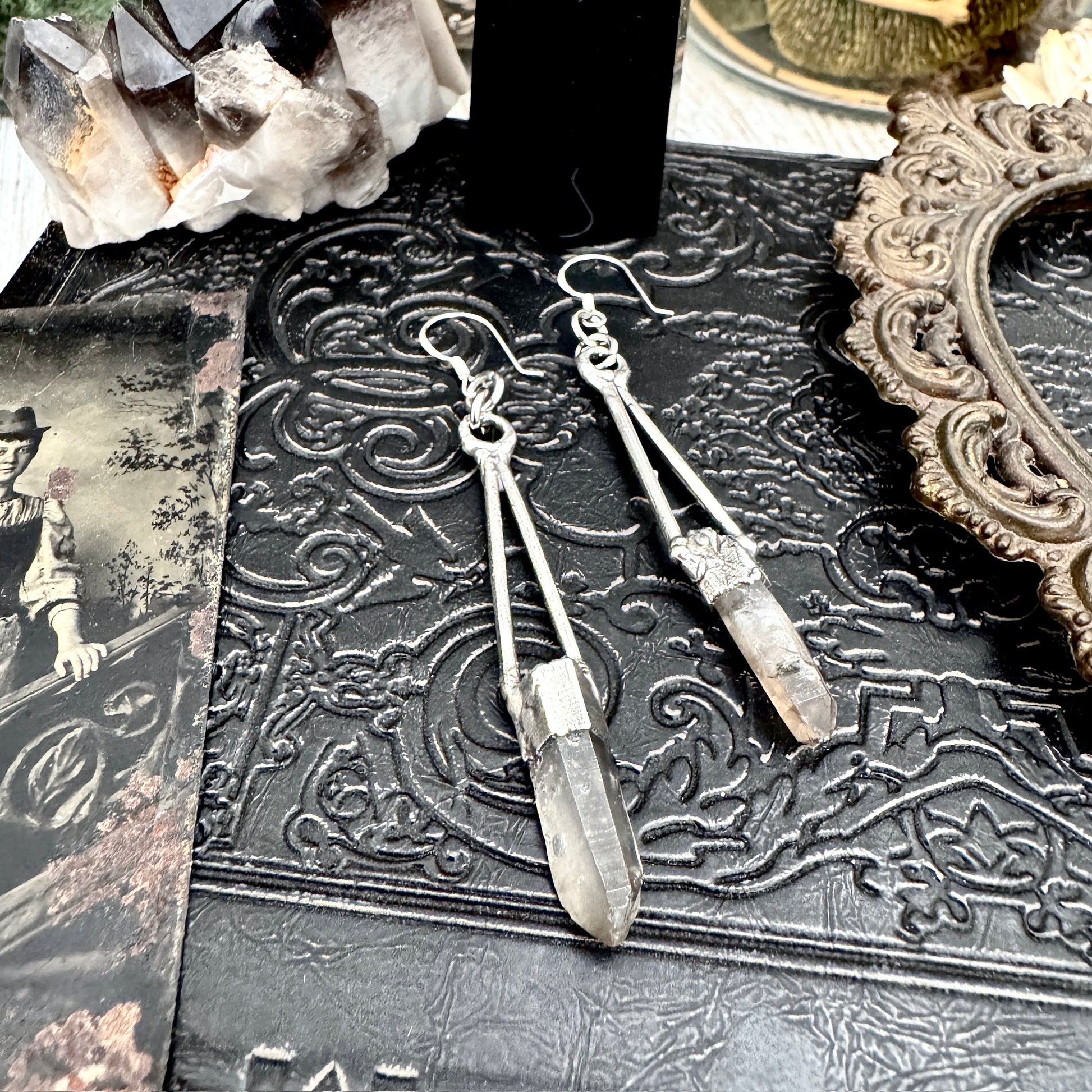Raw Smoky Quartz Fine Silver Crystal Dangle Earrings / Long Dangle Witchy Earrings FOXLARK