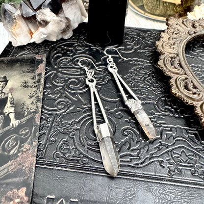 Raw Smoky Quartz Fine Silver Crystal Dangle Earrings / Long Dangle Witchy Earrings FOXLARK