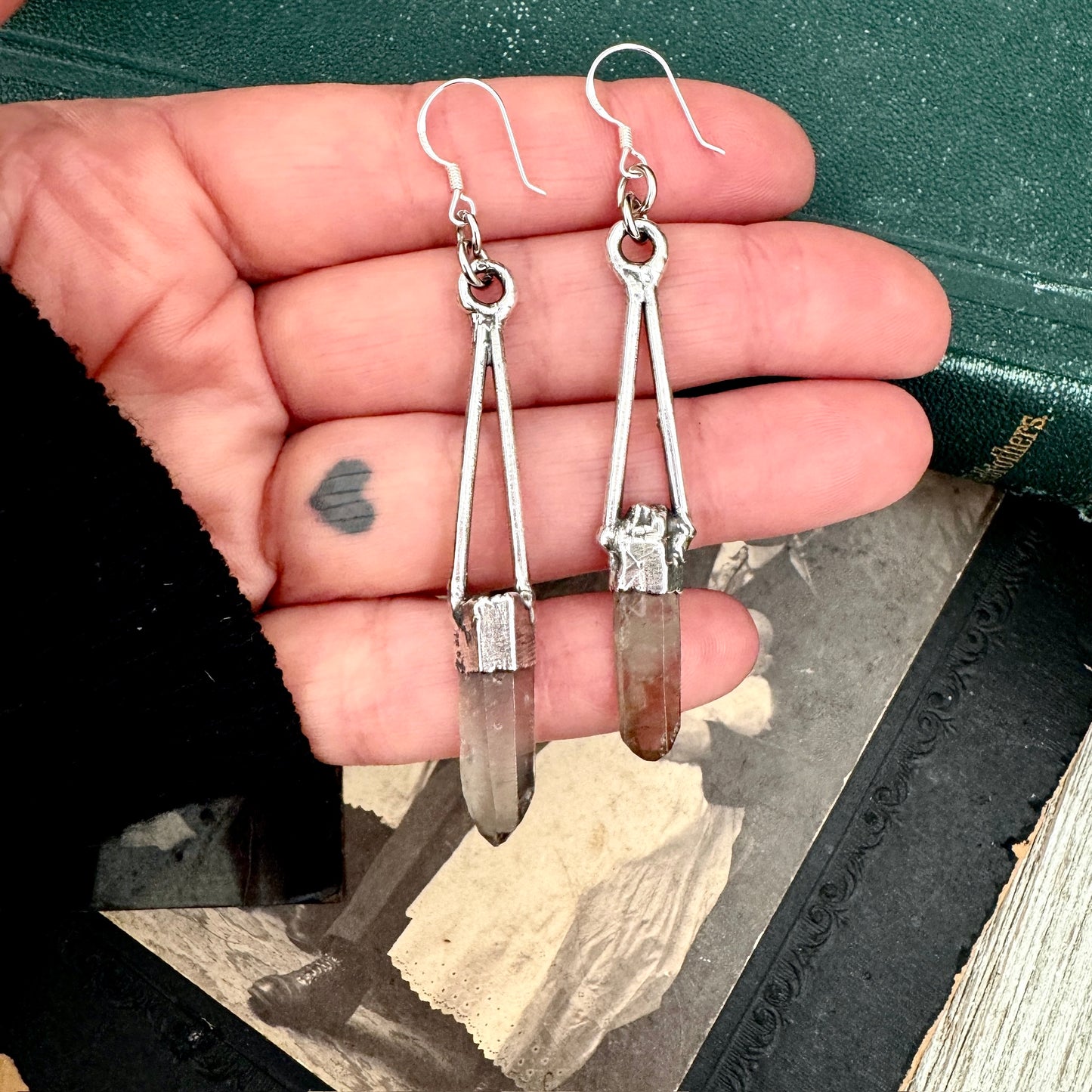 Raw Smoky Quartz Fine Silver Crystal Dangle Earrings / Long Dangle Witchy Earrings FOXLARK