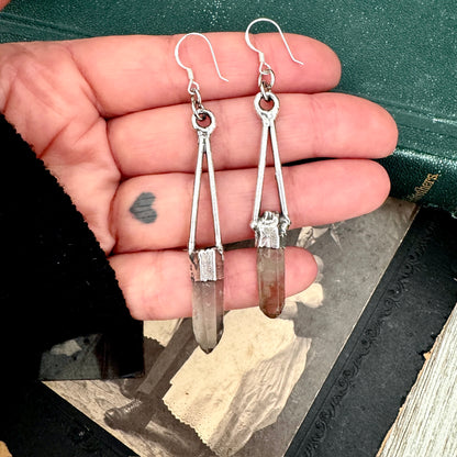 Raw Smoky Quartz Fine Silver Crystal Dangle Earrings / Long Dangle Witchy Earrings FOXLARK