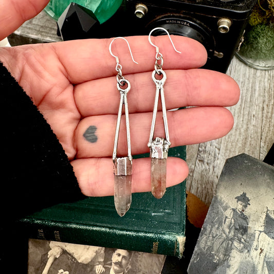 Raw Smoky Quartz Fine Silver Crystal Dangle Earrings / Long Dangle Witchy Earrings