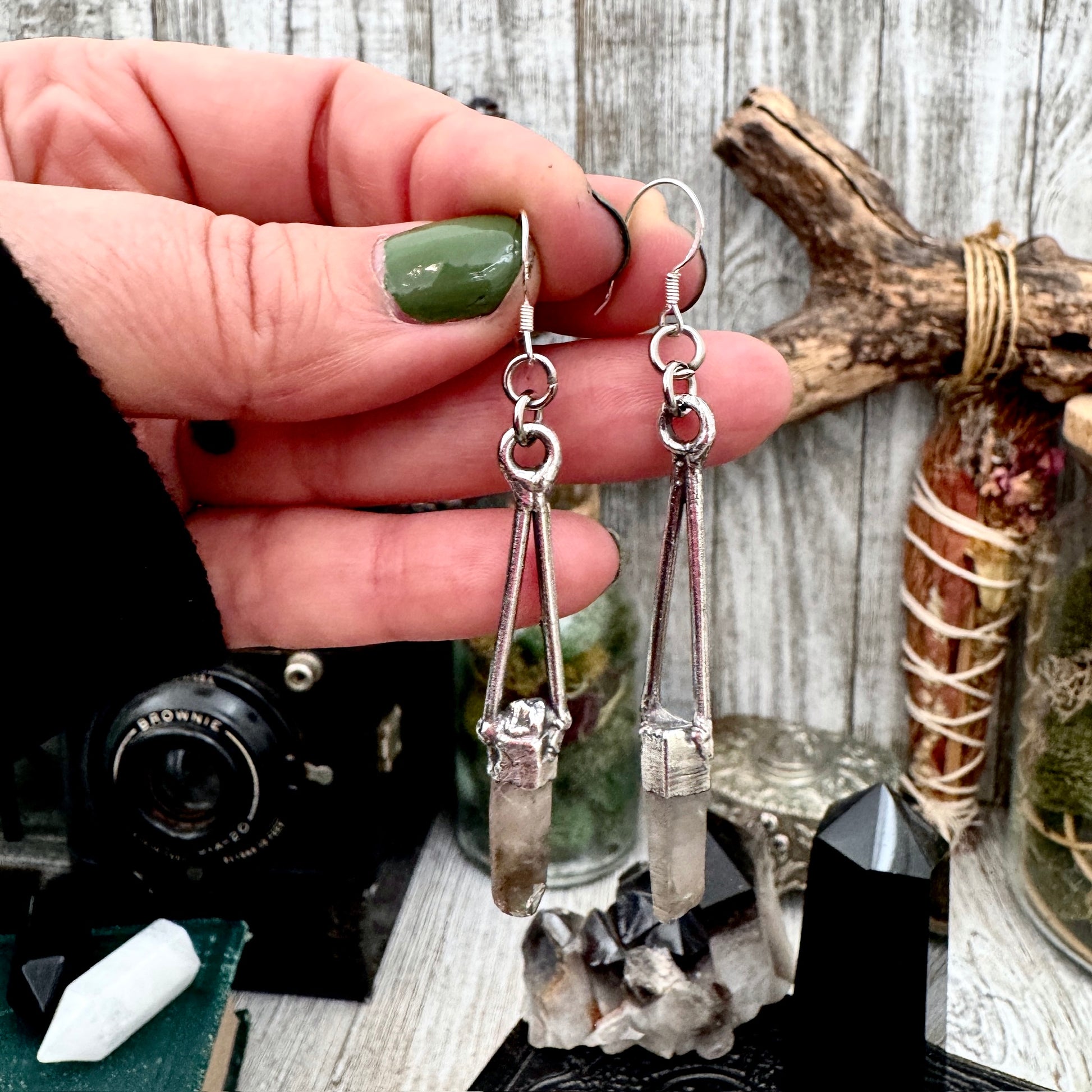 Raw Smoky Quartz Fine Silver Crystal Dangle Earrings / Long Dangle Witchy Earrings FOXLARK