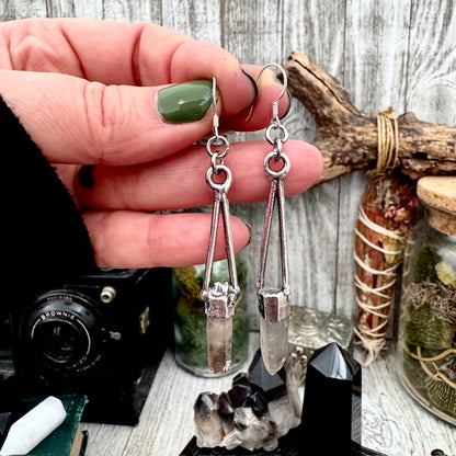 Raw Smoky Quartz Fine Silver Crystal Dangle Earrings / Long Dangle Witchy Earrings FOXLARK