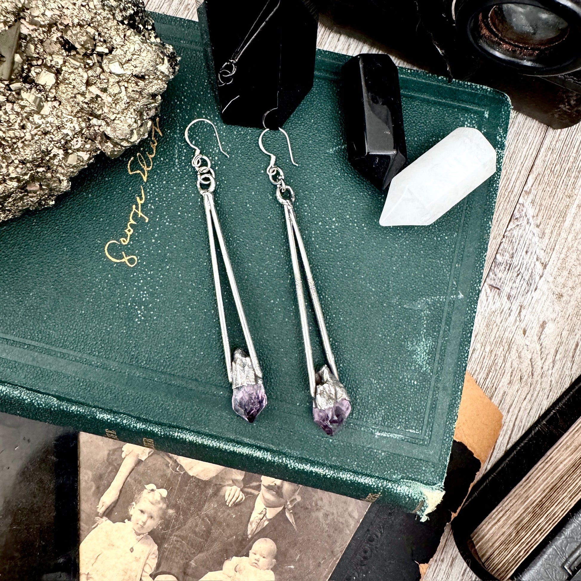 Raw Amethyst Fine Silver Crystal Dangle Earrings / Long Dangle Witchy Earrings FOXLARK