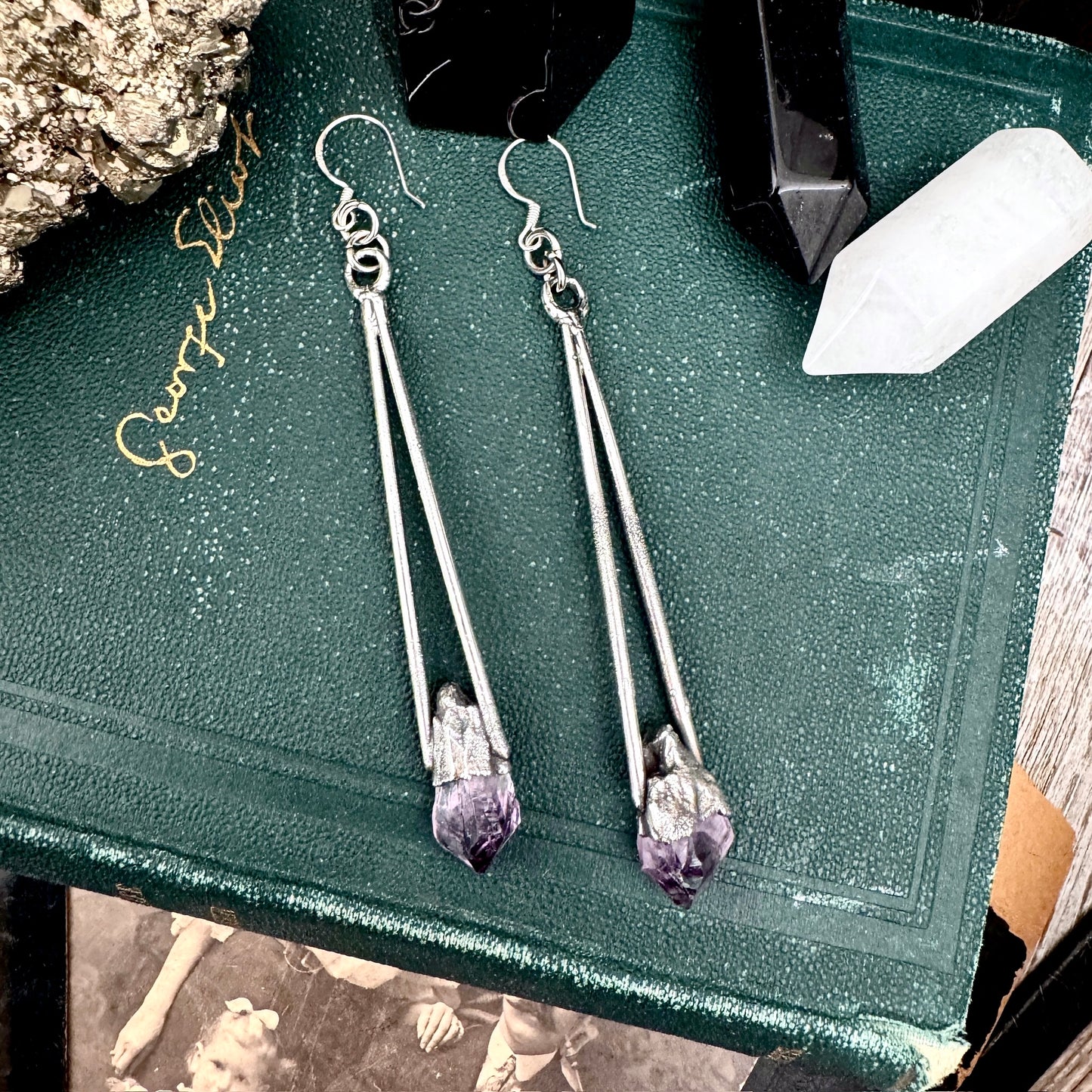Raw Amethyst Fine Silver Crystal Dangle Earrings / Long Dangle Witchy Earrings FOXLARK