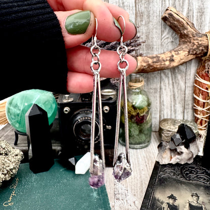 Raw Amethyst Fine Silver Crystal Dangle Earrings / Long Dangle Witchy Earrings FOXLARK