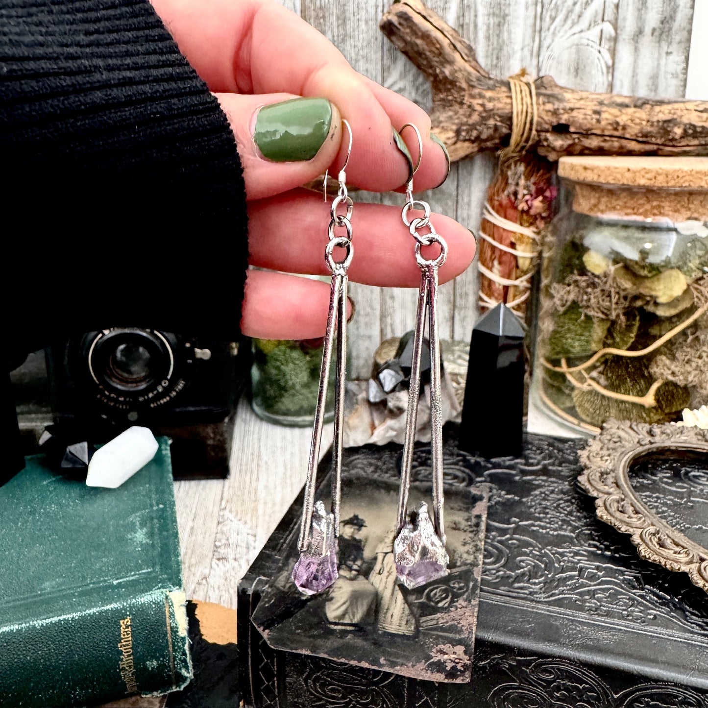 Raw Amethyst Fine Silver Crystal Dangle Earrings / Long Dangle Witchy Earrings FOXLARK
