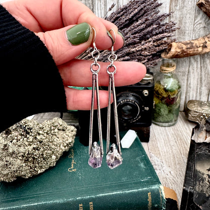 Raw Amethyst Fine Silver Crystal Dangle Earrings / Long Dangle Witchy Earrings FOXLARK