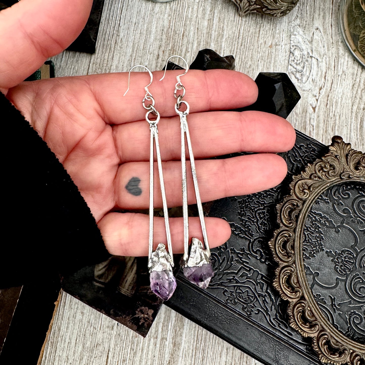 Raw Amethyst Fine Silver Crystal Dangle Earrings / Long Dangle Witchy Earrings FOXLARK