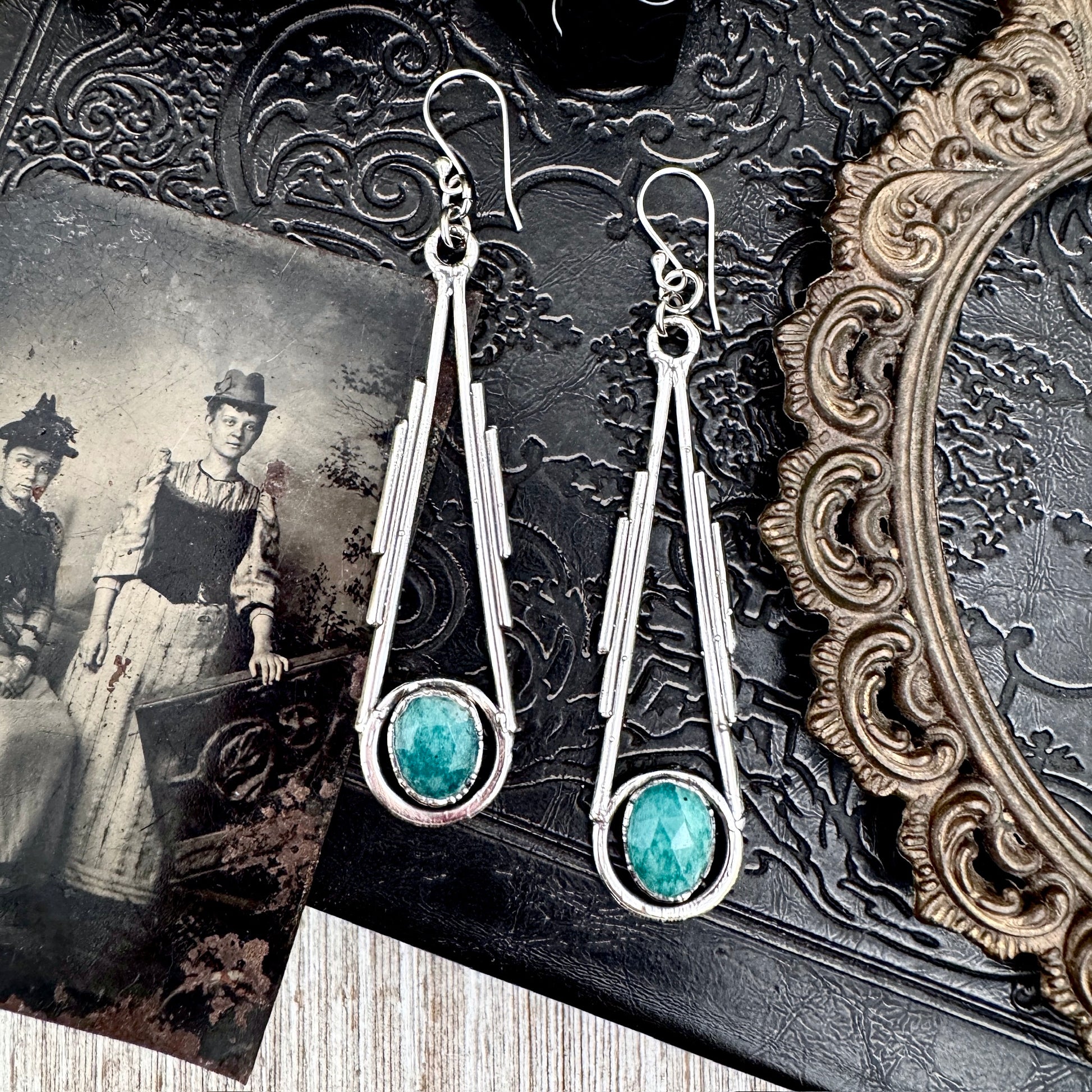 Amazonite Fine Silver Crystal Dangle Earrings / Long Dangle Witchy Earrings FOXLARK