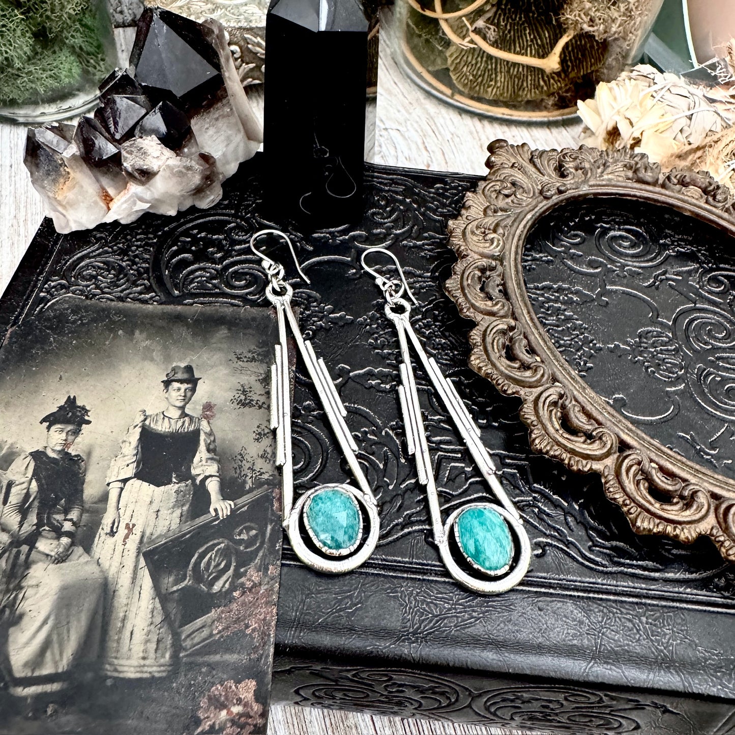 Amazonite Fine Silver Crystal Dangle Earrings / Long Dangle Witchy Earrings FOXLARK