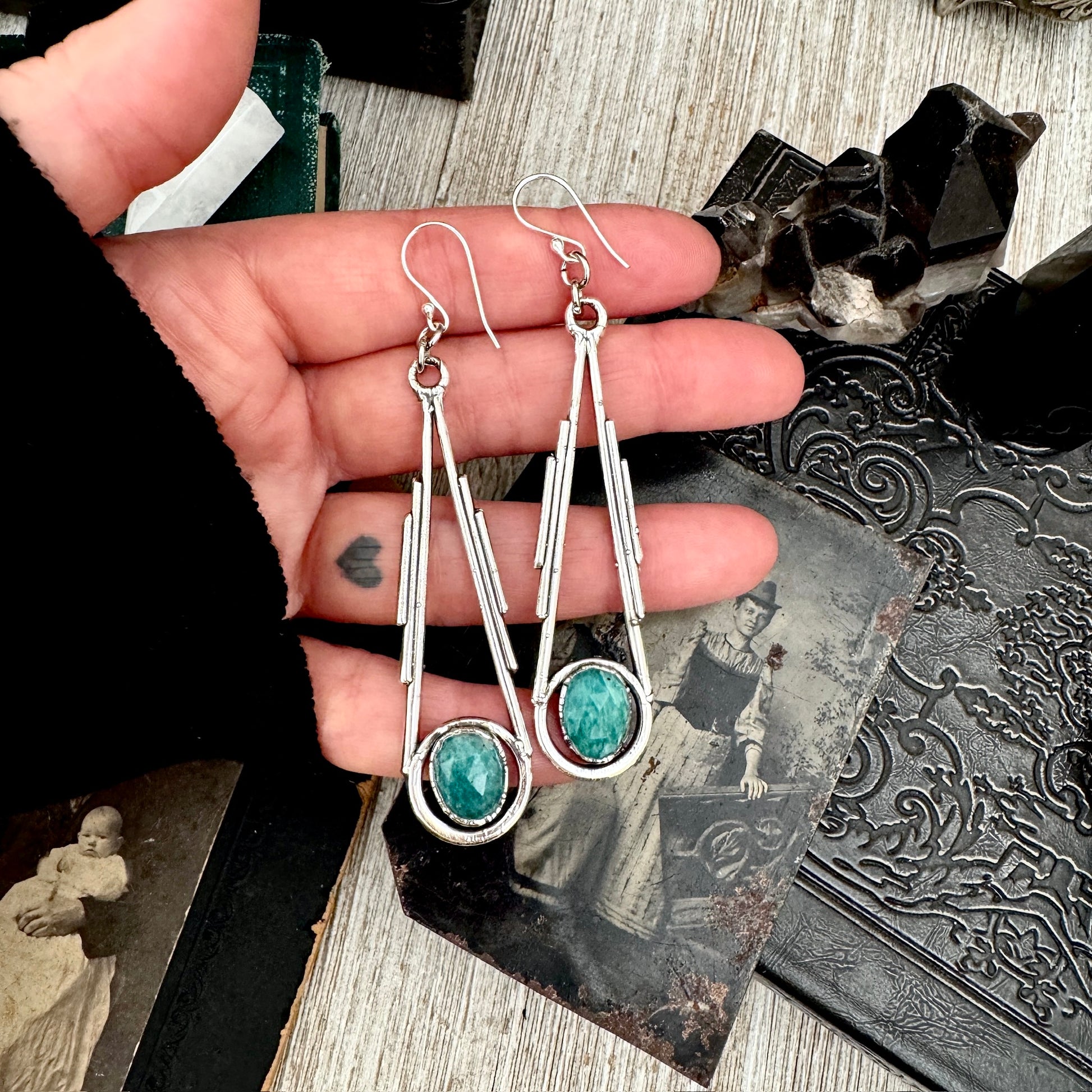 Amazonite Fine Silver Crystal Dangle Earrings / Long Dangle Witchy Earrings FOXLARK