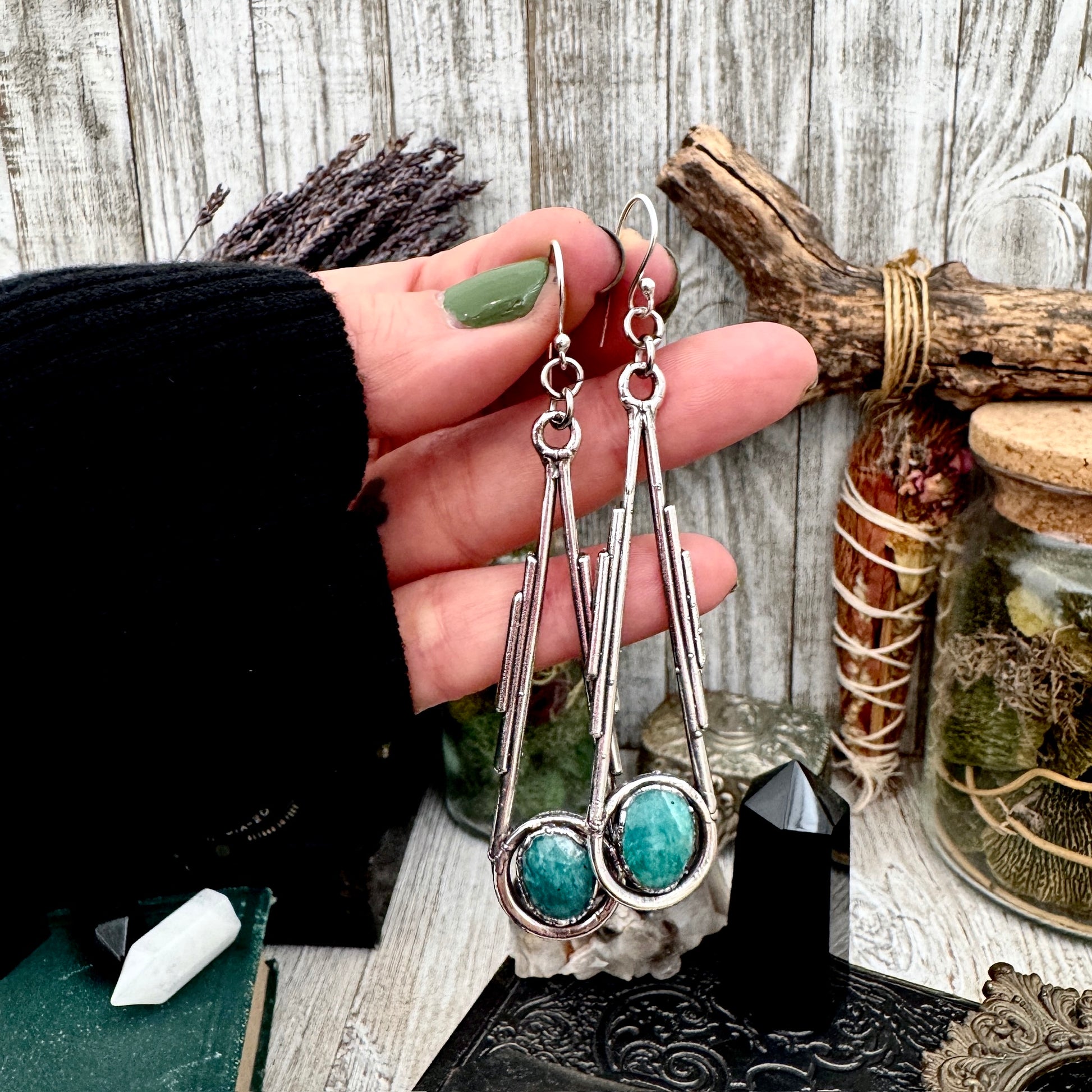 Amazonite Fine Silver Crystal Dangle Earrings / Long Dangle Witchy Earrings FOXLARK