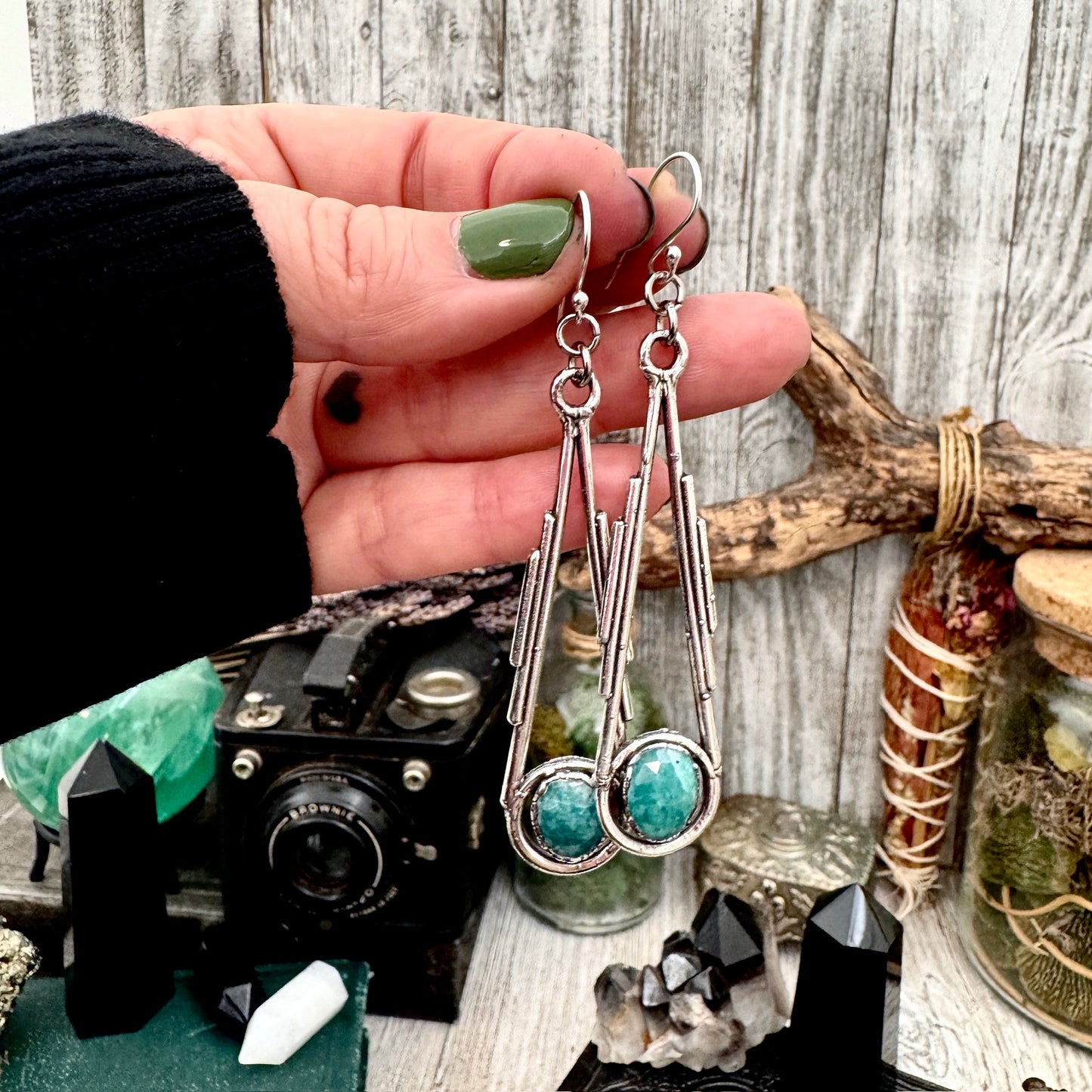 Amazonite Fine Silver Crystal Dangle Earrings / Long Dangle Witchy Earrings FOXLARK