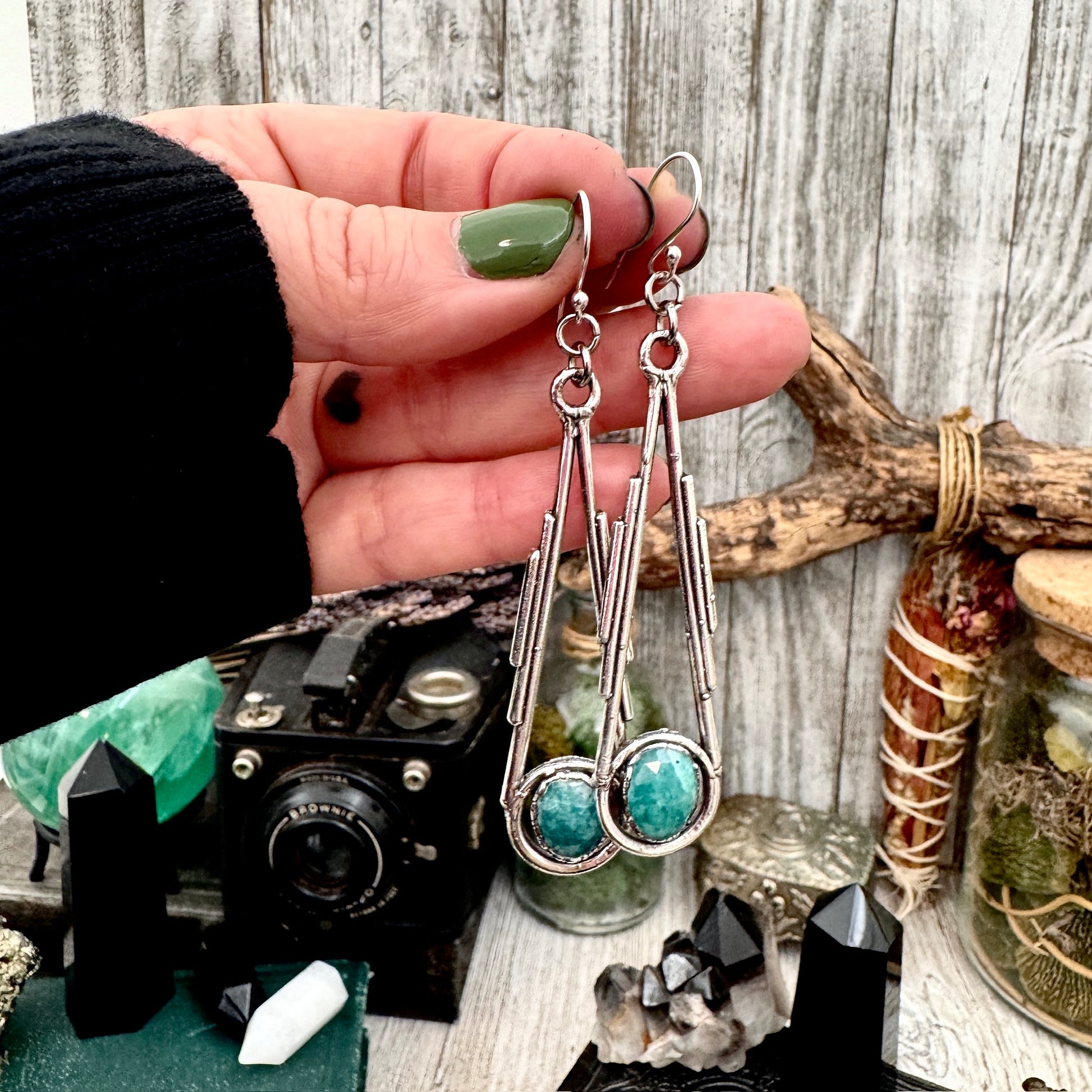 Amazonite Fine Silver Crystal Dangle Earrings / Long Dangle Witchy Earrings FOXLARK