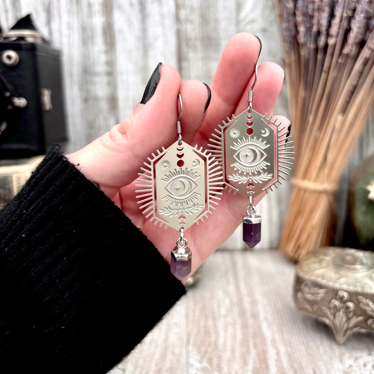 Stainless Steel All Seeing Eye Amethyst Earrings / Long Dangle Earrings