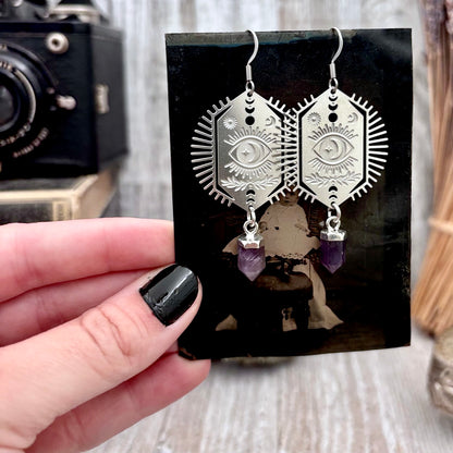 Stainless Steel All Seeing Eye Amethyst Earrings / Long Dangle Earrings