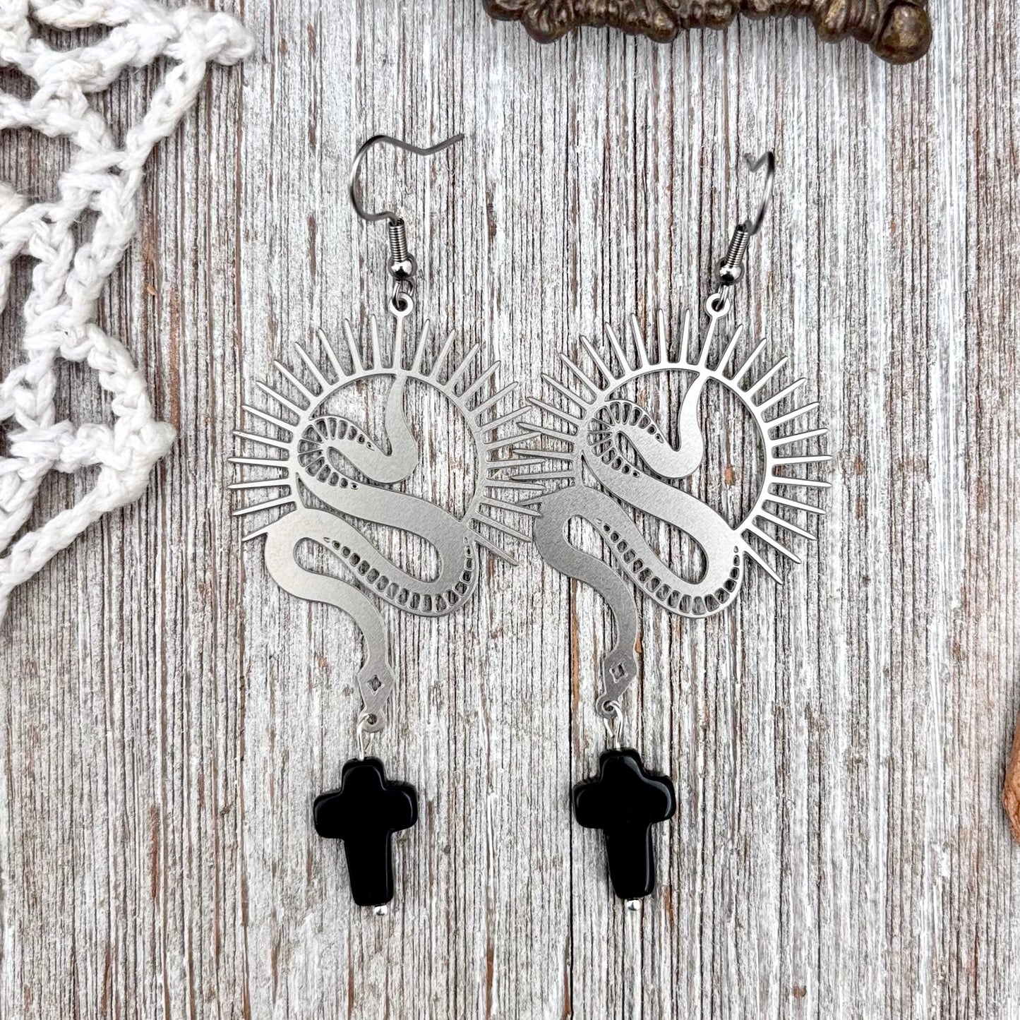 Stainless Steel Snake and Black Cross Earrings / Long Dangle Earrings