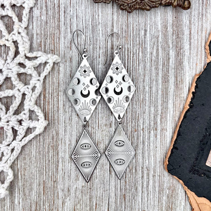 Stainless Steel Moon Phases All Seeing Eye Earrings / Long Dangle Earrings