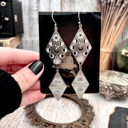Stainless Steel Moon Phases All Seeing Eye Earrings / Long Dangle Earrings
