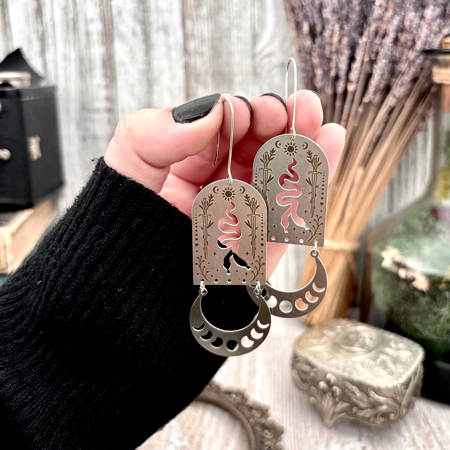 Stainless Steel Moon Phases Two Headed Snake Earrings / Long Dangle Earrings